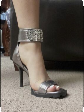 Karl Lagerfeld Metallic Ankle-Strap High Heels | Sz. 6.5 | Color: Pewter (NWB)